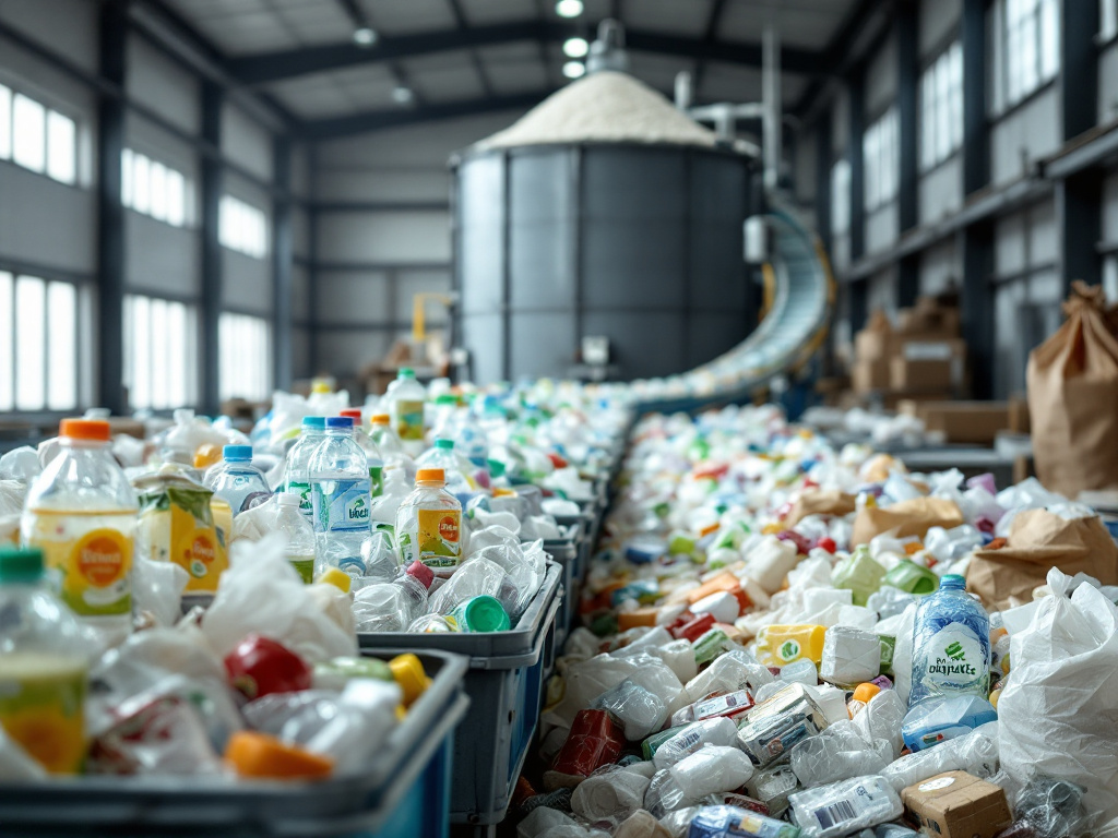 A large-scale recycling facility interior with plastic bottles and containers moving along a conveyor belt towards a processing unit in the background, surrounded by industrial equipment and packaging materials. From waste to wonder