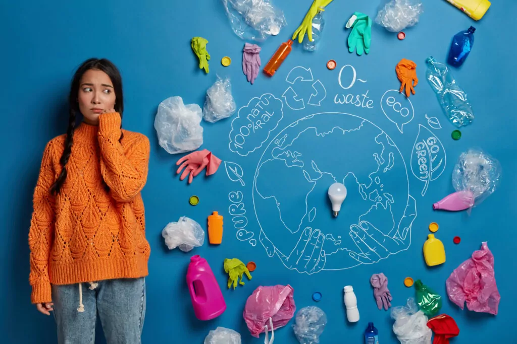 Concerned young woman next to plastic waste and eco-friendly symbols, highlighting the need for biodegradable materials and sustainable packaging